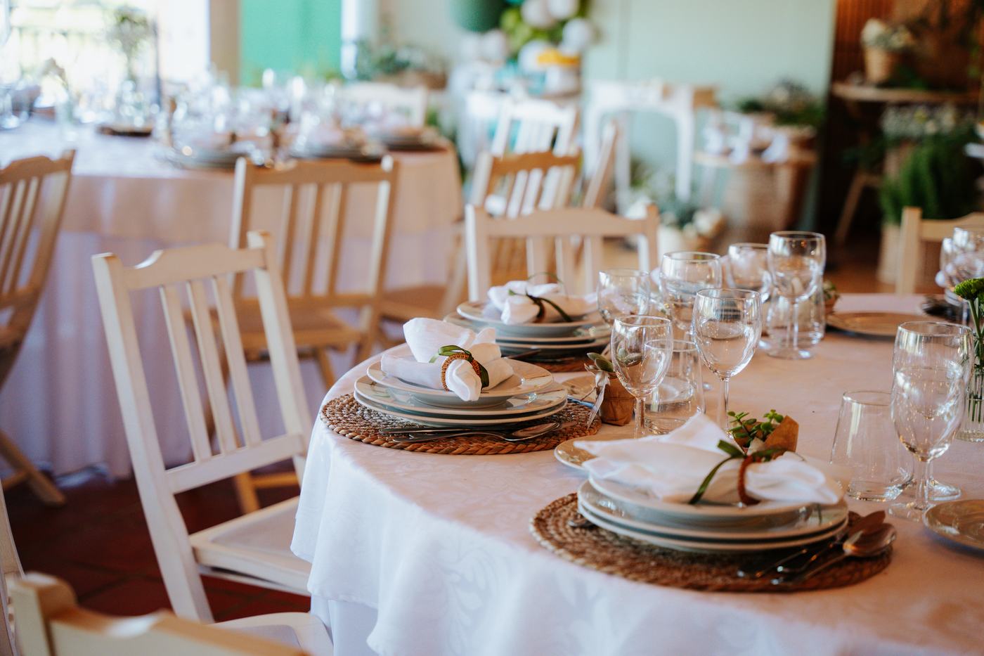 Sala montada para o almoço de batizado